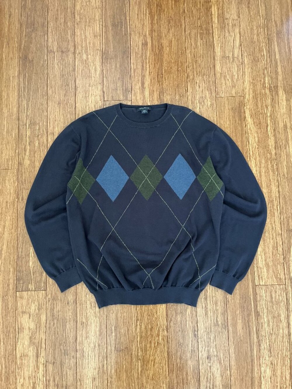 Nautica Navy Long Sleeve Argyle Crewneck Pullover Sweater L